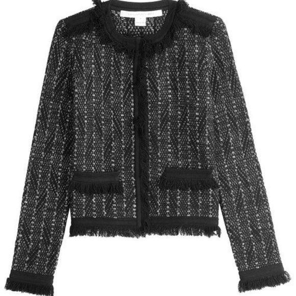 Diane von Furstenberg Sheila Metallic-Tweed Black Fringe Knit Sweater Jacket - Picture 1 of 14